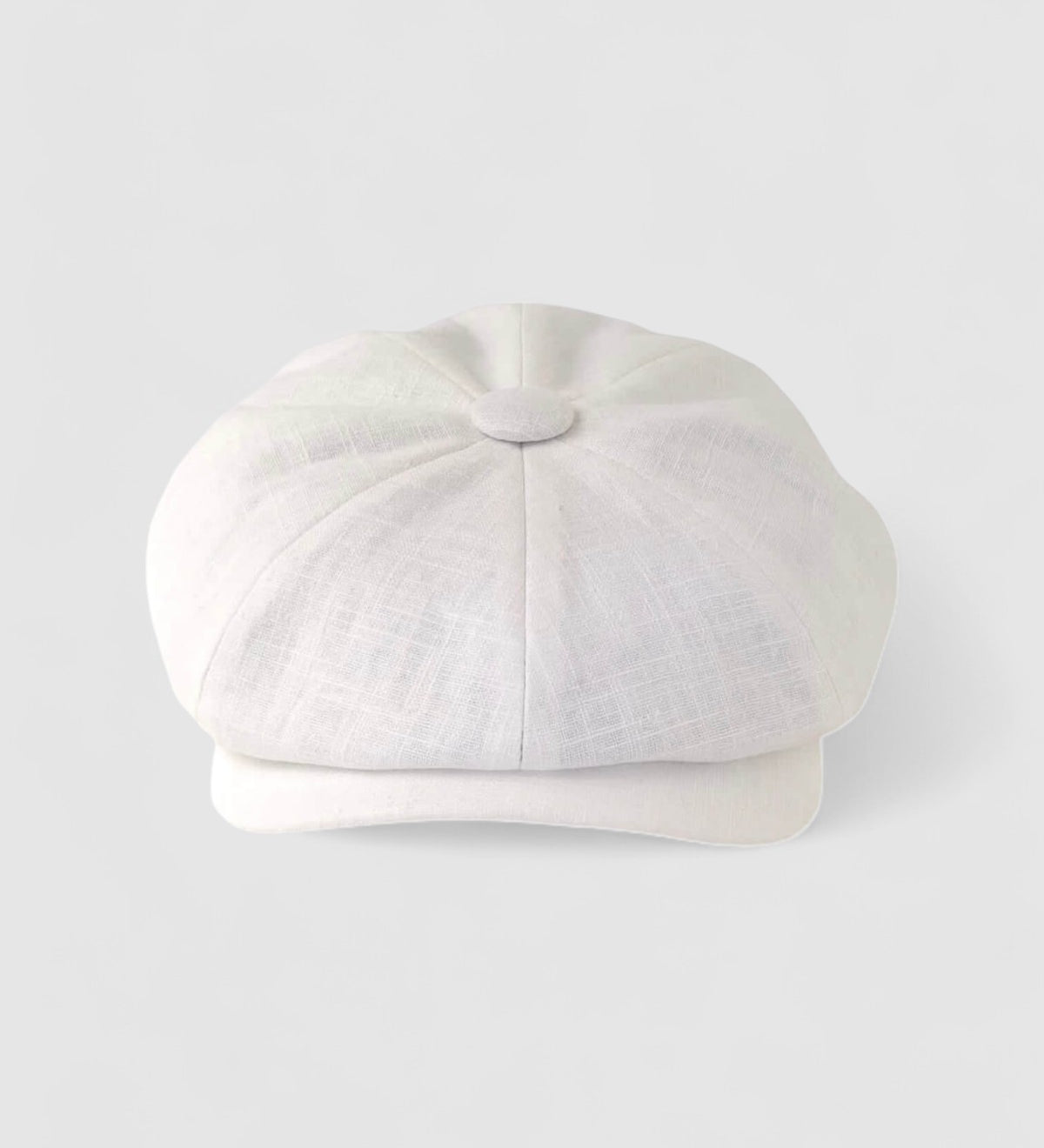 Bakerboy cap in white washed linen — Albert’s Beach, lightweight and summer-ready, handmade by Mister Miller. front view.