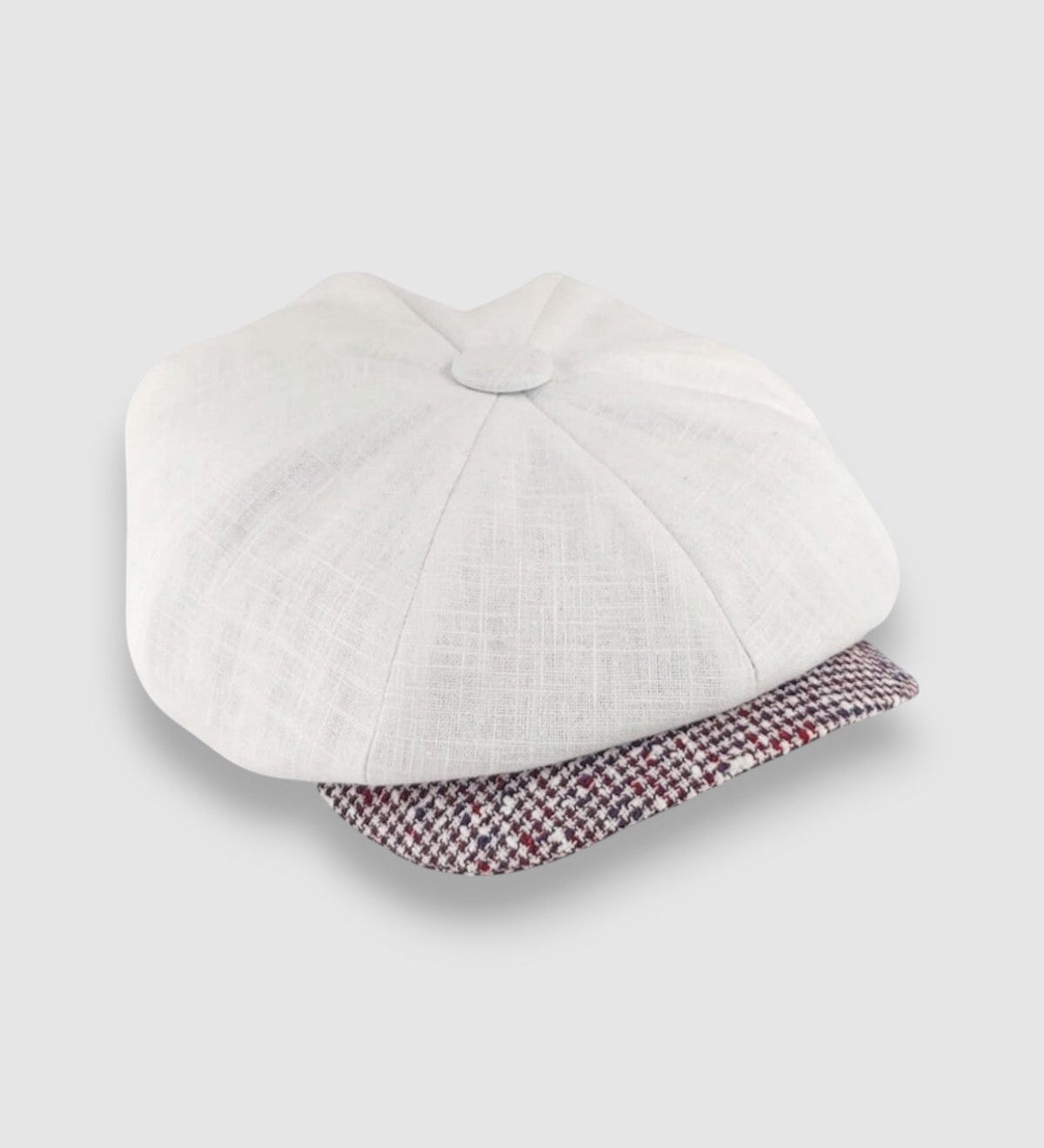 Bakerboy cap in white washed linen — Albert’s Capri, cool and textured, handmade by Mister Miller. side view