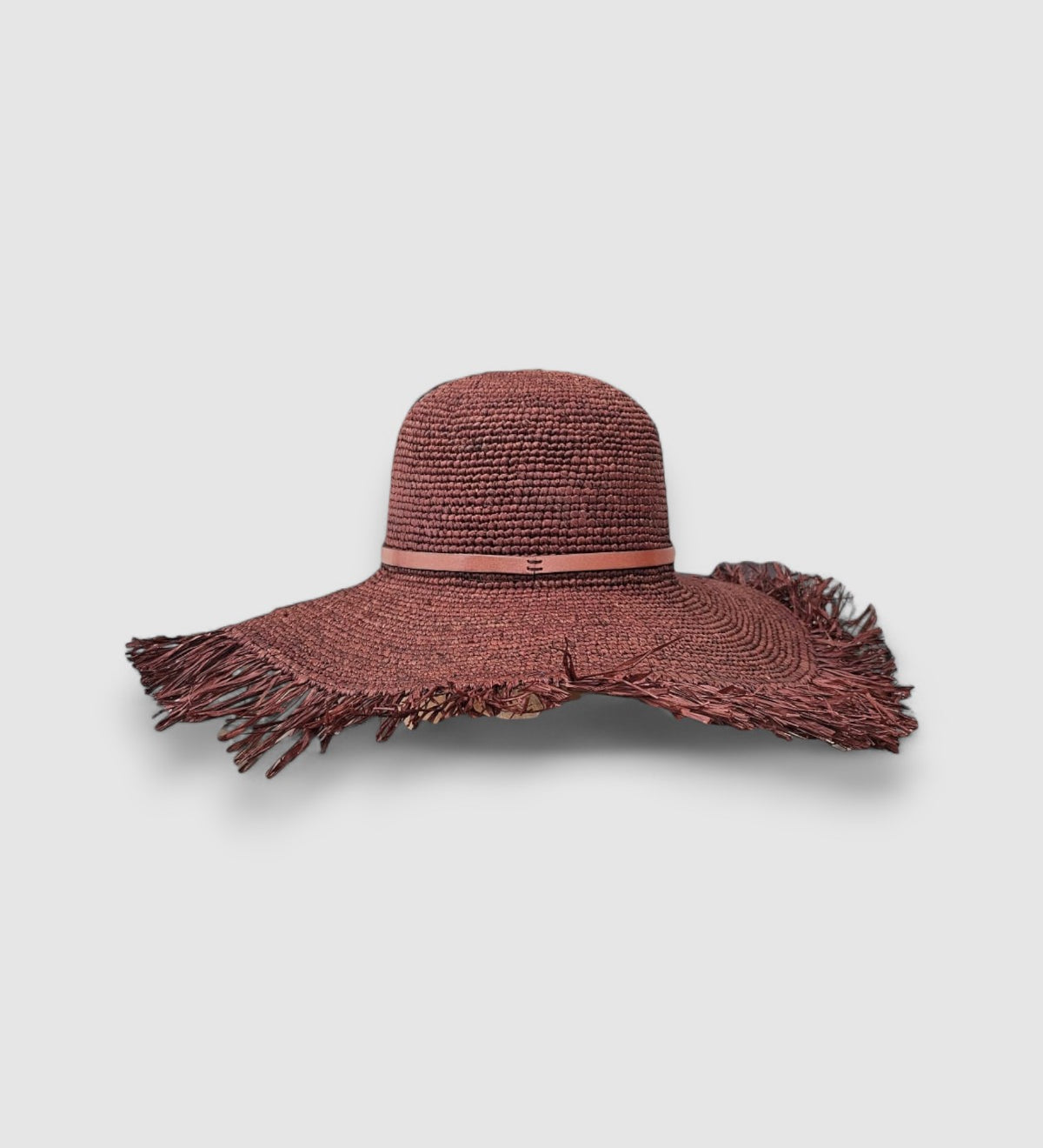 Brown raffia straw wide brim hat with fringe and leather band, by Mister Miller.