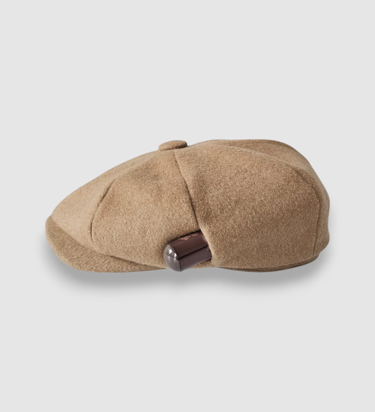 Beige camel hair Cigar Bakerboy cap — Albert’s Holy Smoke by Mister Miller, profile view.
