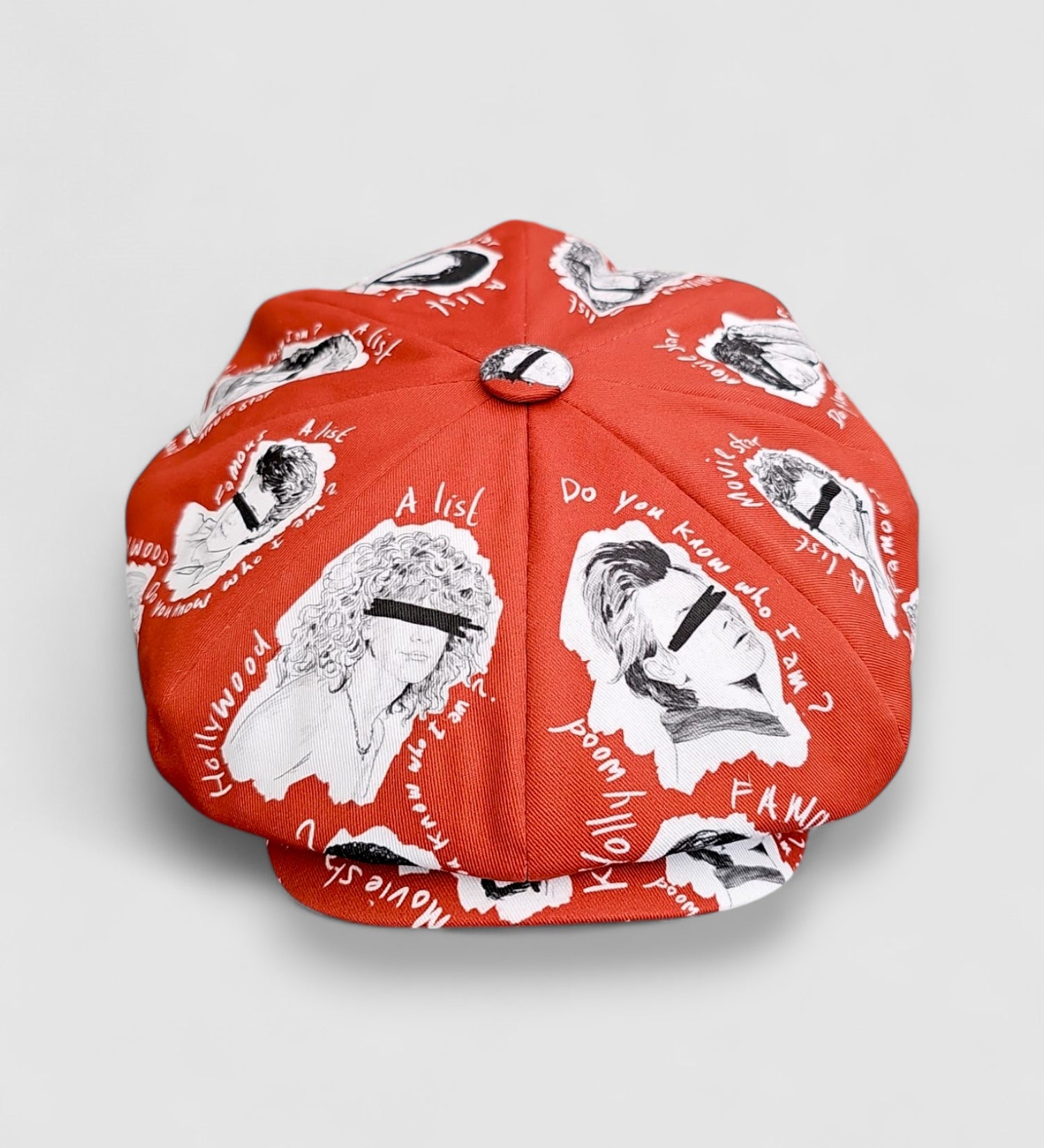 Oversized red Bakerboy cap with  70s-style illustrations — The Fame by Leigh Francis x Mister Miller, front view