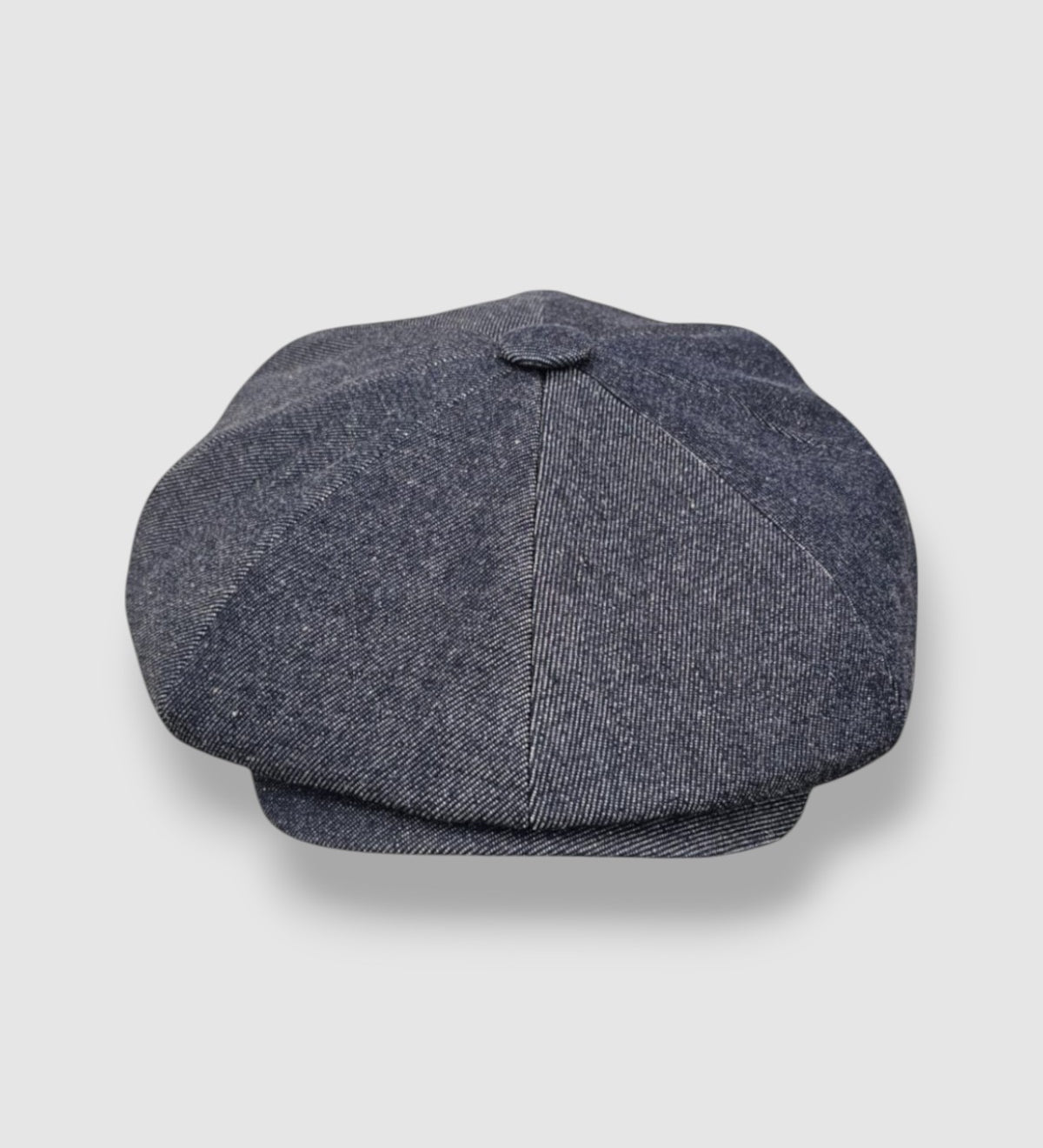 Oversized Bakerboy cap in blue denim — Finch’s Jeans by Mister Miller, front view
