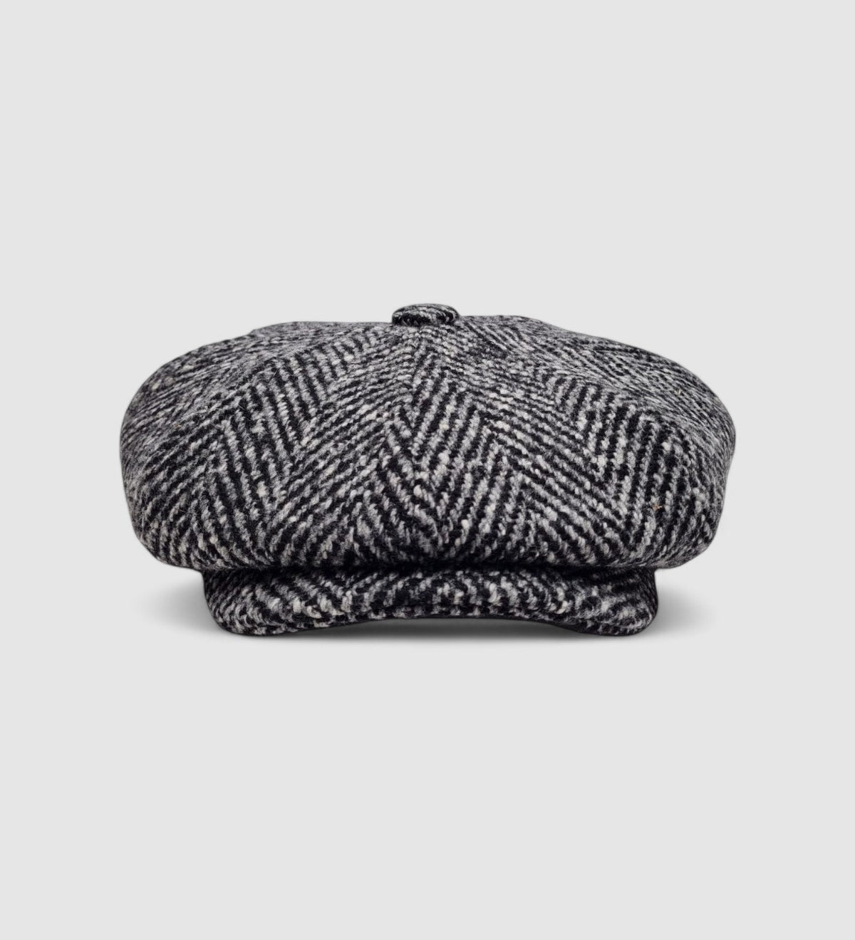 Oversized Bakerboy cap in black & white herringbone virgin wool — Finch’s Chess by Mister Miller, front view