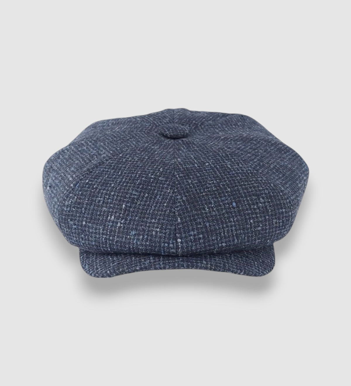 Oversized Bakerboy cap in blue textured linen — Finch’s Seas by Mister Miller, front view