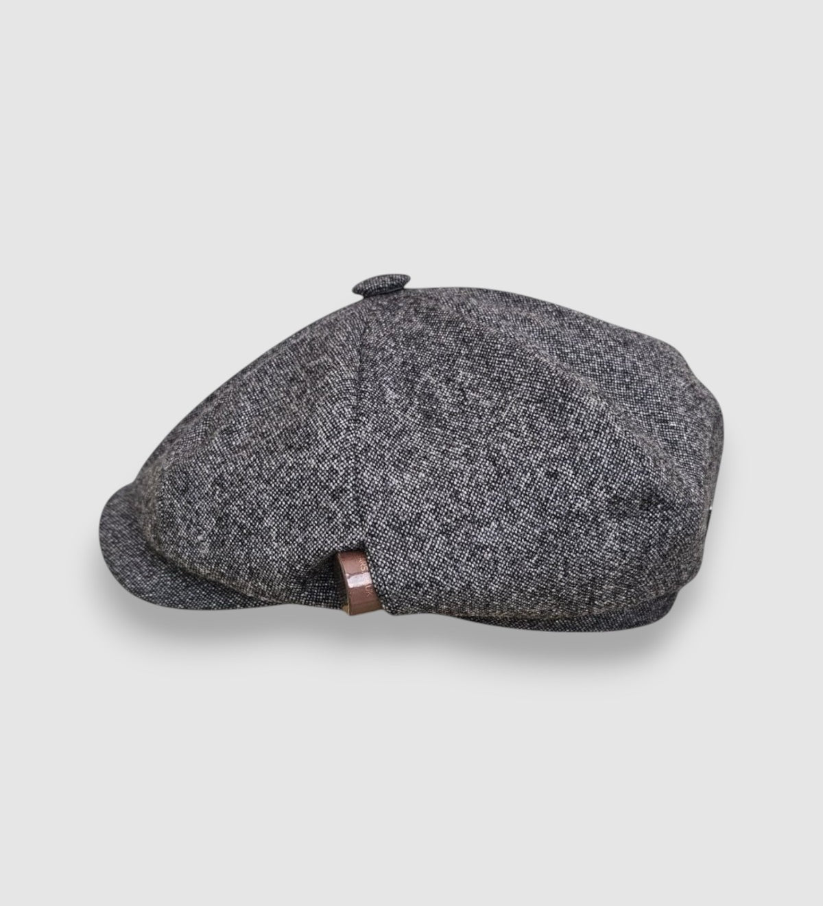 Albert’s Holy Smoke Cigar Bakerboy cap by Mister Miller — grey wool with back headband, side angle