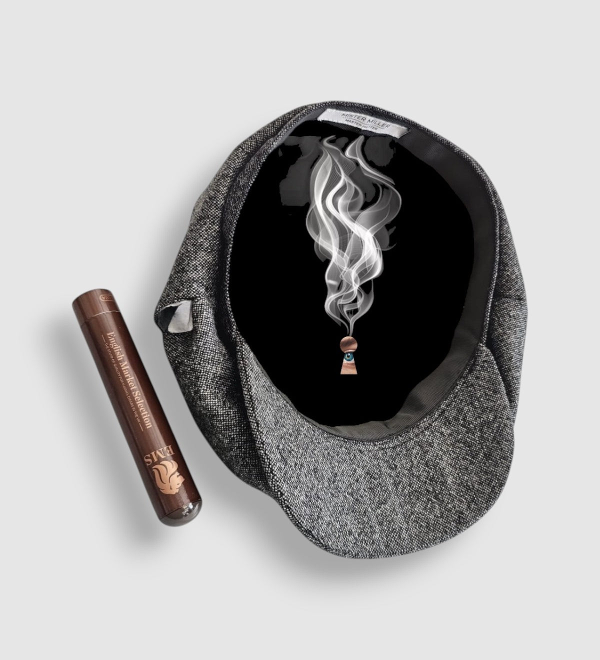 Albert’s Holy Smoke Bakerboy cap by Mister Miller — grey wool with back headband, lining detail and cigar pocket detail