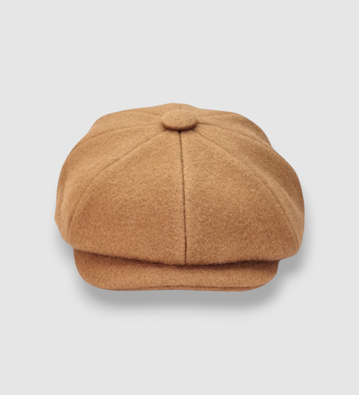 Bakerboy cap in sandy camel Melton wool with a classic eight-panel design — Riley’s Blonde by Mister Miller, handmade in Britain. front view
