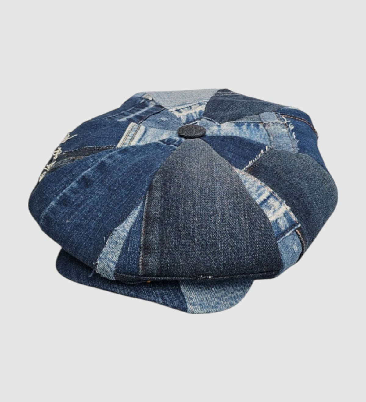 Patchwork denim oversized Bakerboy cap with illustrated 70s lining — The Jean Genie by Leigh Francis x Mister Miller