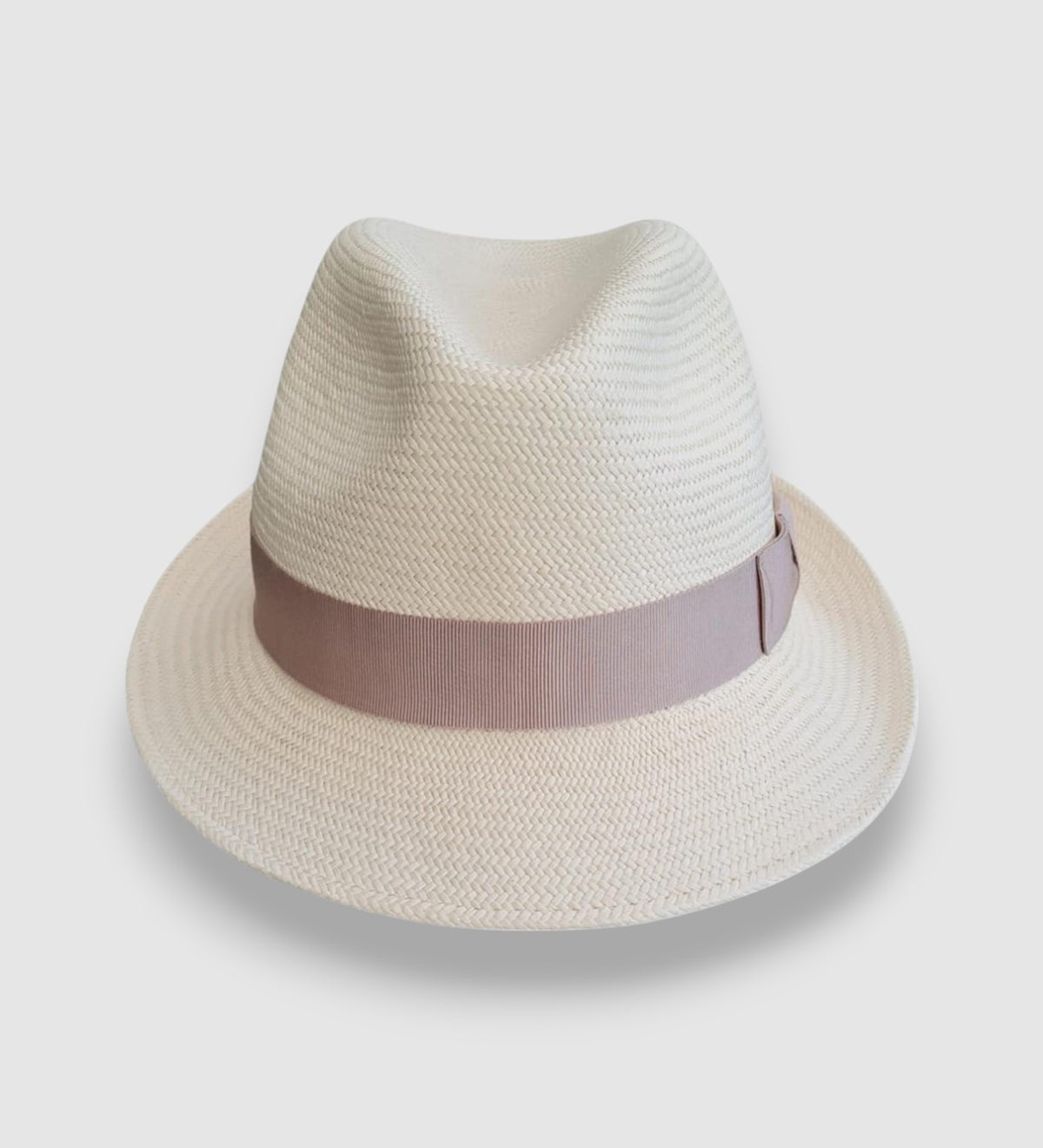 Cruz Panama hat in handwoven Ecuadorian Toquilla straw with champagne grosgrain ribbon, by Mister Miller. front