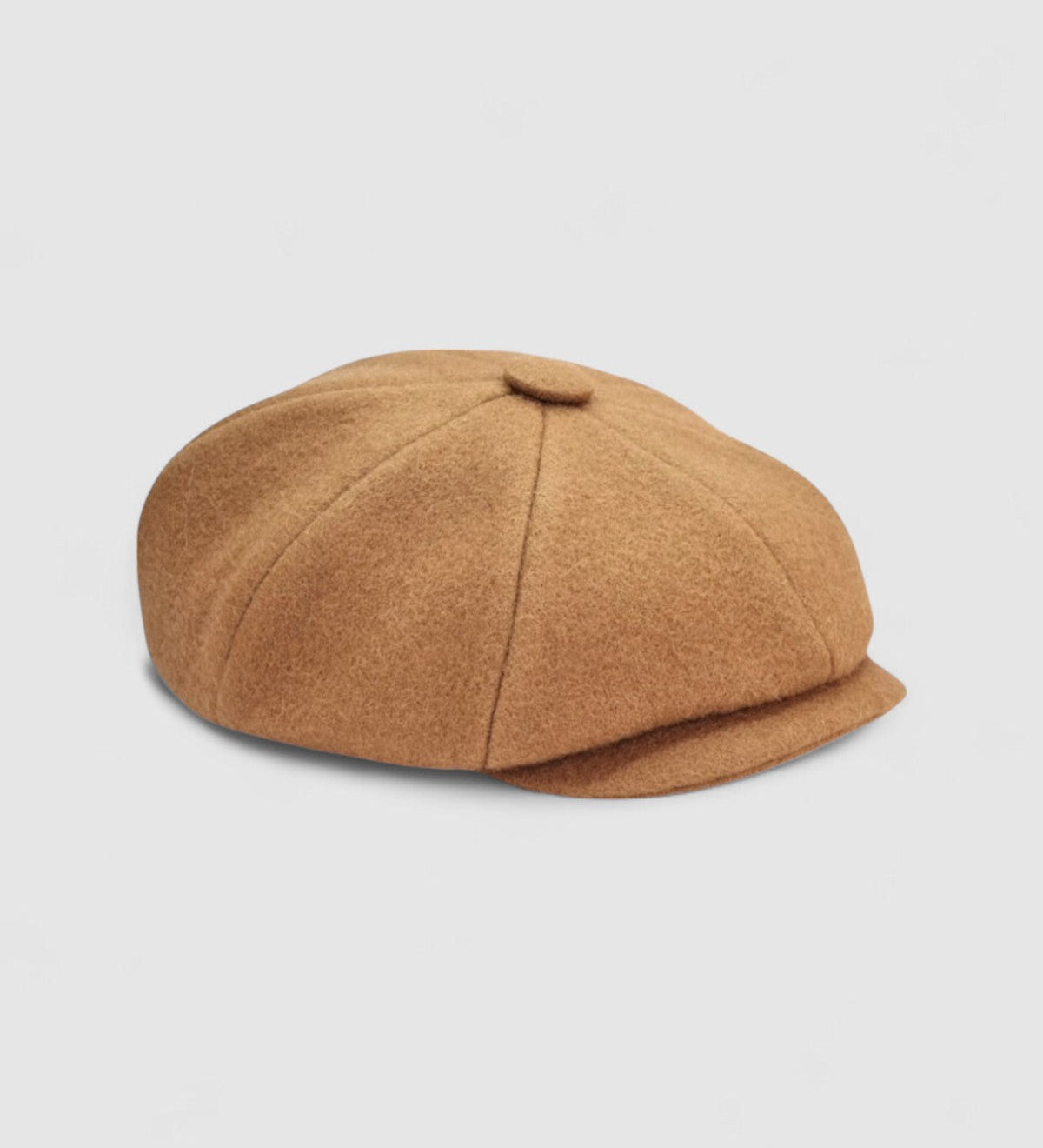 Bakerboy cap in sandy camel Melton wool with a classic eight-panel design — Riley’s Blonde by Mister Miller, handmade in Britain. Side view
