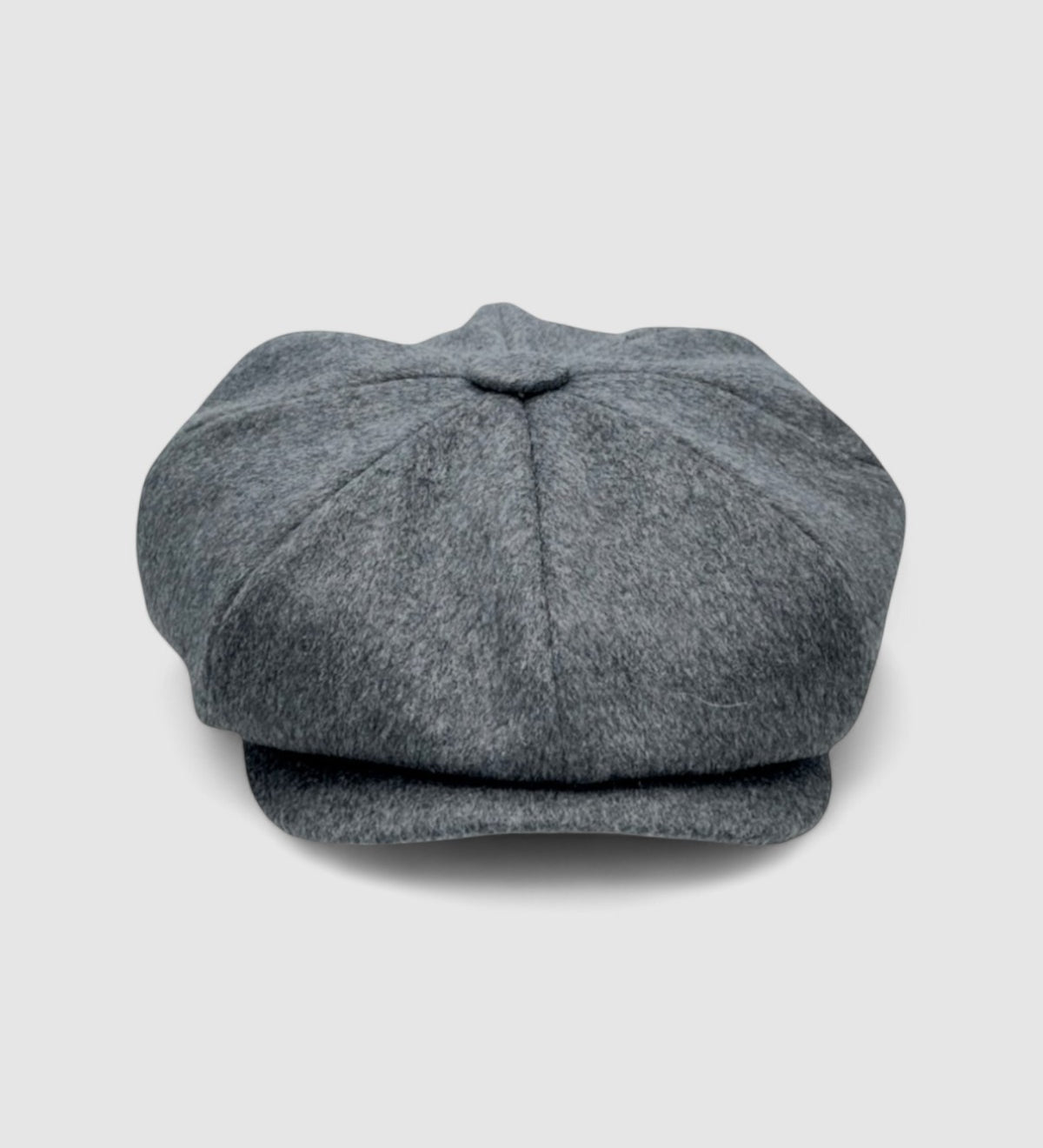 Bakerboy cap in soft grey 100% cashmere wool — Riley’s Companion by Mister Miller, handmade in Britain. front view