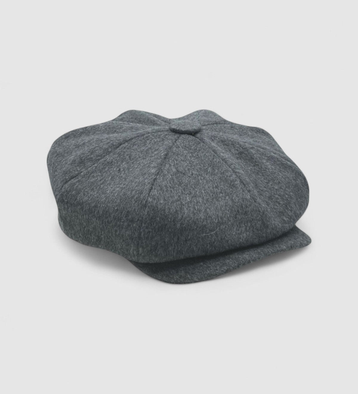 Bakerboy cap in soft grey 100% cashmere wool — Riley’s Companion by Mister Miller, handmade in Britain. side view
