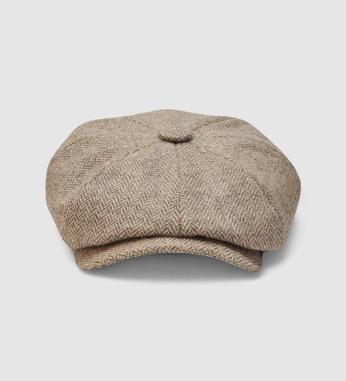 Bakerboy cap in beige herringbone Merino lambswool — Riley’s Peregrine by Mister Miller, handmade in Britain. front view