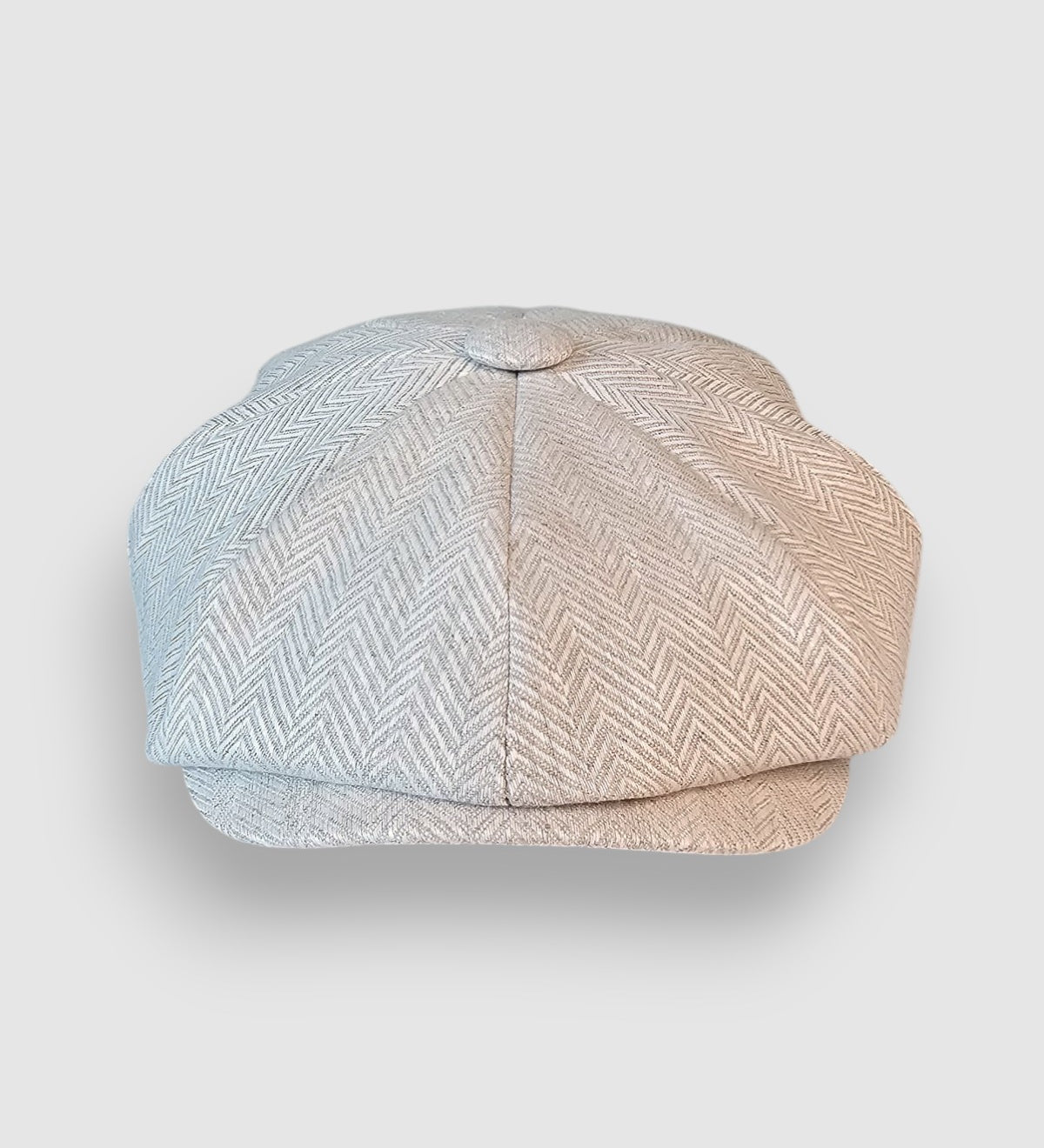 Bakerboy cap in sandy herringbone Irish linen — Riley’s Dunes by Mister Miller, a lightweight summer hat. Front view
