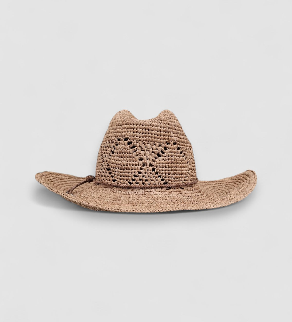 Raffia straw cowboy hat with wide brim, lattice weave, and brown wax cord, by Mister Miller. front view