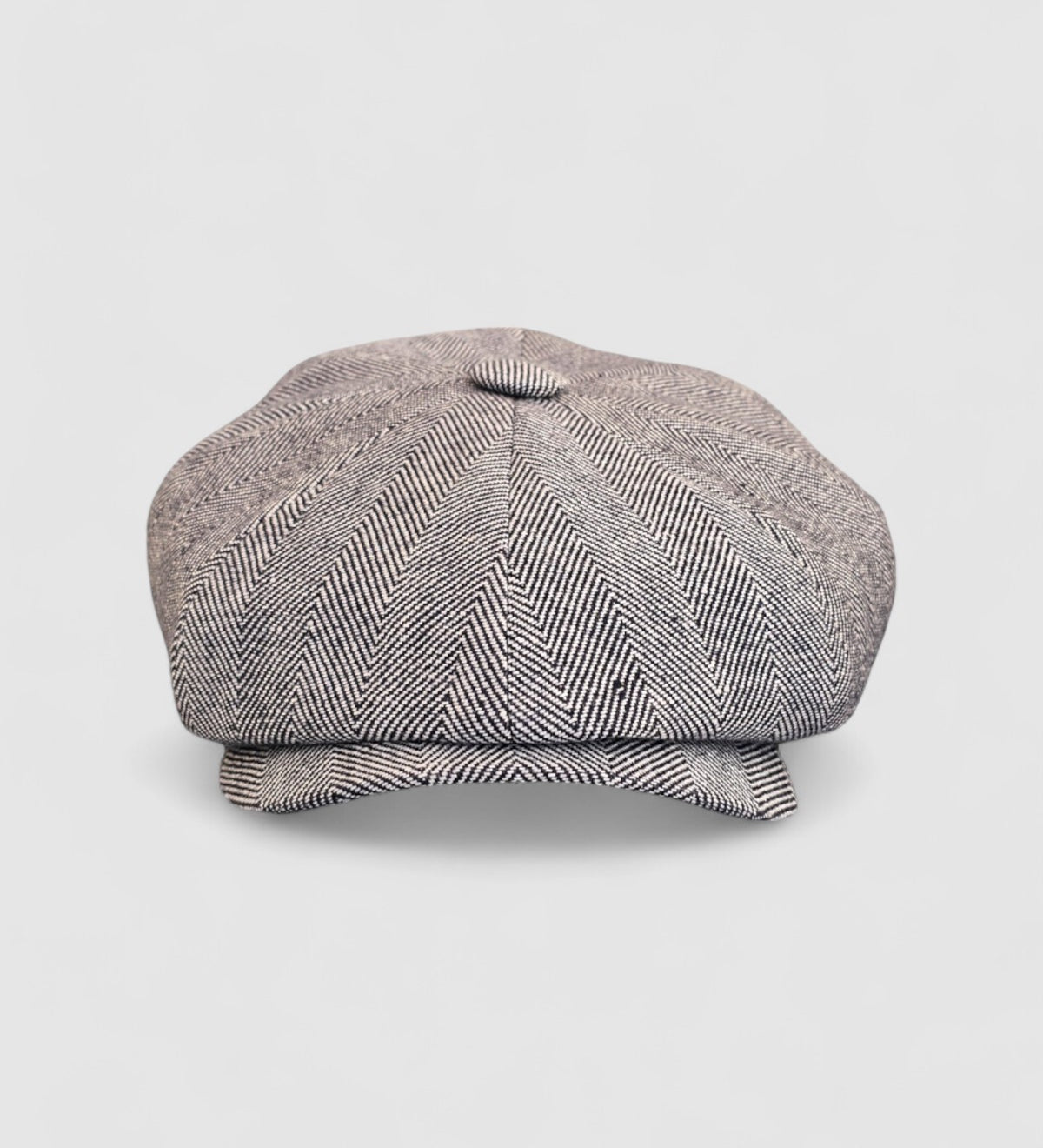 Bakerboy cap in neutral herringbone Irish linen — Riley’s Shade by Mister Miller, a lightweight summer hat handmade in Britain for cool, comfortable style. front view