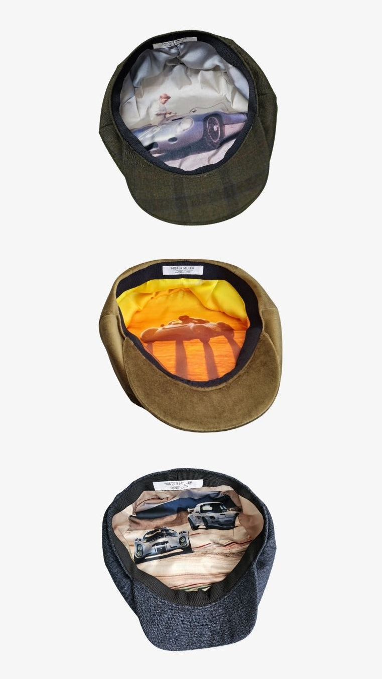 Three different types of hats in their packaging on a white background