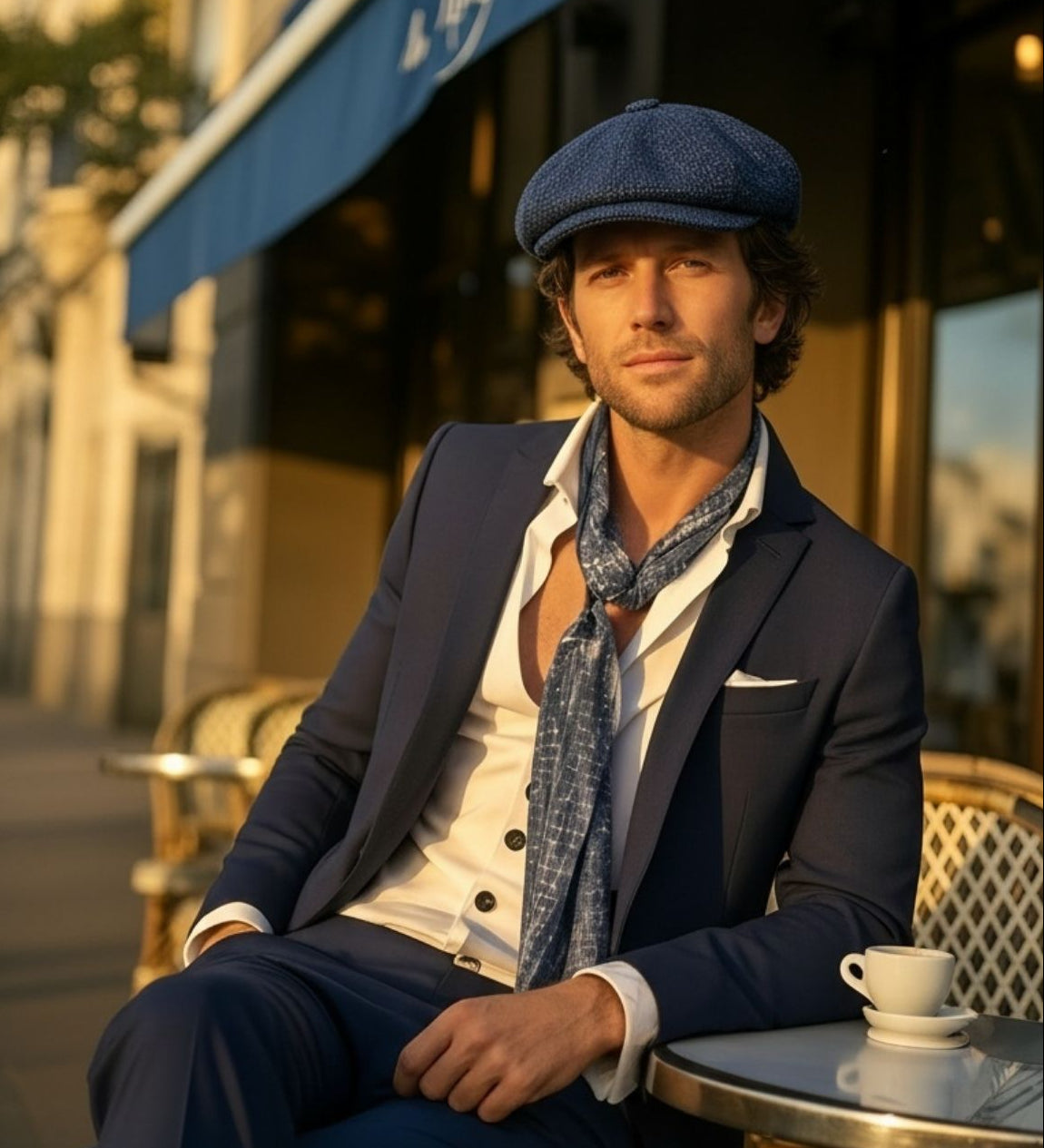 Man in a suit and Bakerboy cap sitting at an outdoor cafe table with a cup of coffee.