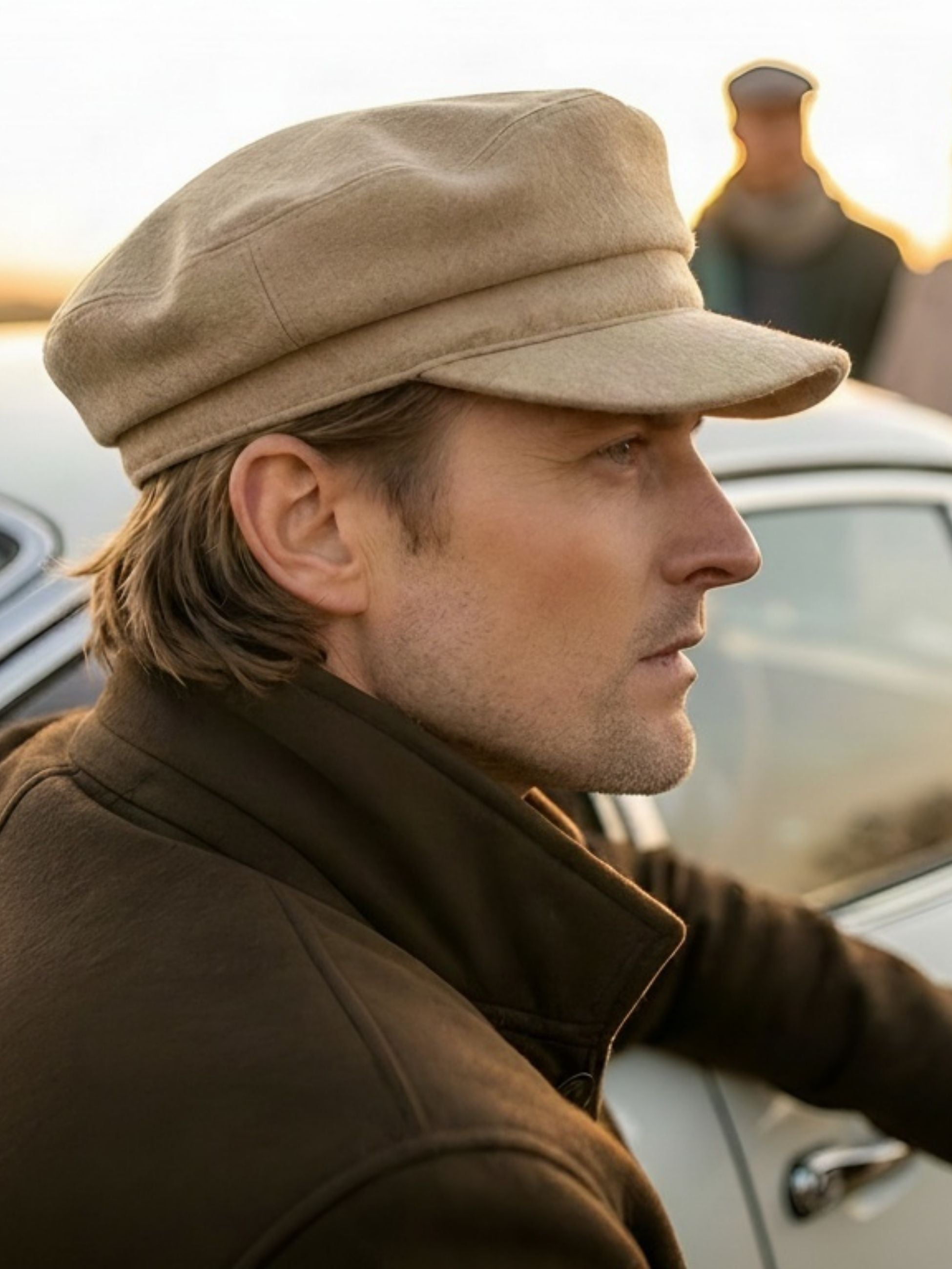 A man in profile wearing a beige newsboy cap and a brown jacket, standing outdoors near a car with a blurred person in the background.