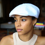Theo's Breeze Newsboy Cap in White Japanese Seersucker