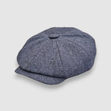 Blue wool Bakerboy cap — Albert’s Tides by Mister Miller, side view with signature back headband and curved peak