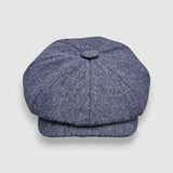 Blue wool Bakerboy cap — Albert’s Tides by Mister Miller, front view with signature back headband and curved peak