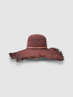 Brown raffia straw wide brim hat with fringe and leather band, by Mister Miller.
