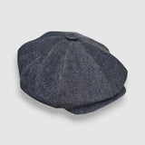 Oversized Bakerboy cap in blue denim — Finch’s Jeans by Mister Miller, side view