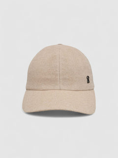 Camel herringbone cashmere baseball cap with adjustable fit, by Mister Miller.
