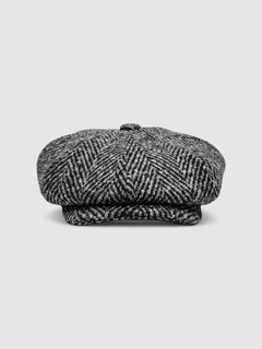 Oversized Bakerboy cap in black & white herringbone virgin wool — Finch’s Chess by Mister Miller, front view