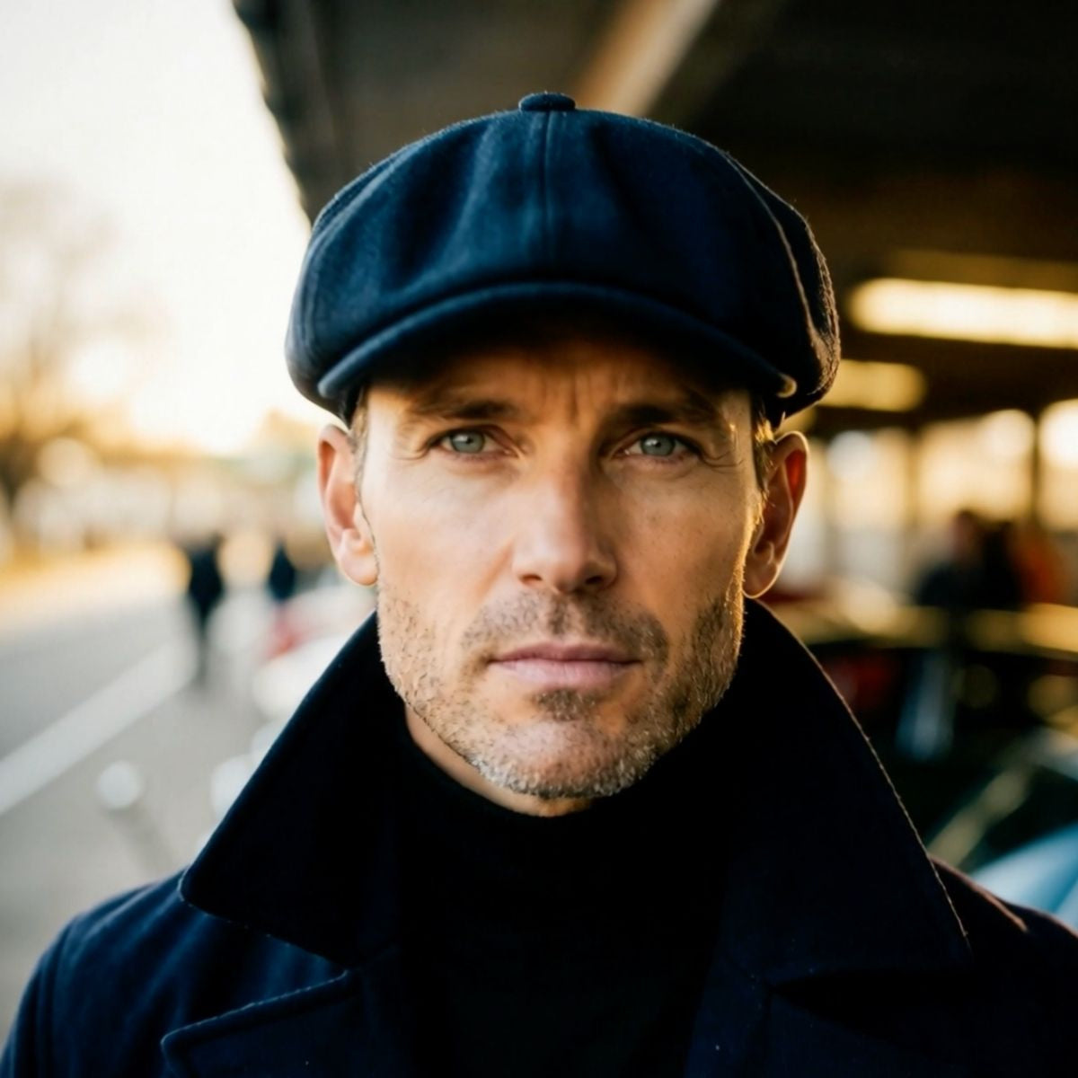 A man wearing a dark navy blue flat cap and a matching dark coat over a black turtleneck, photographed in a warm-toned outdoor urban setting.