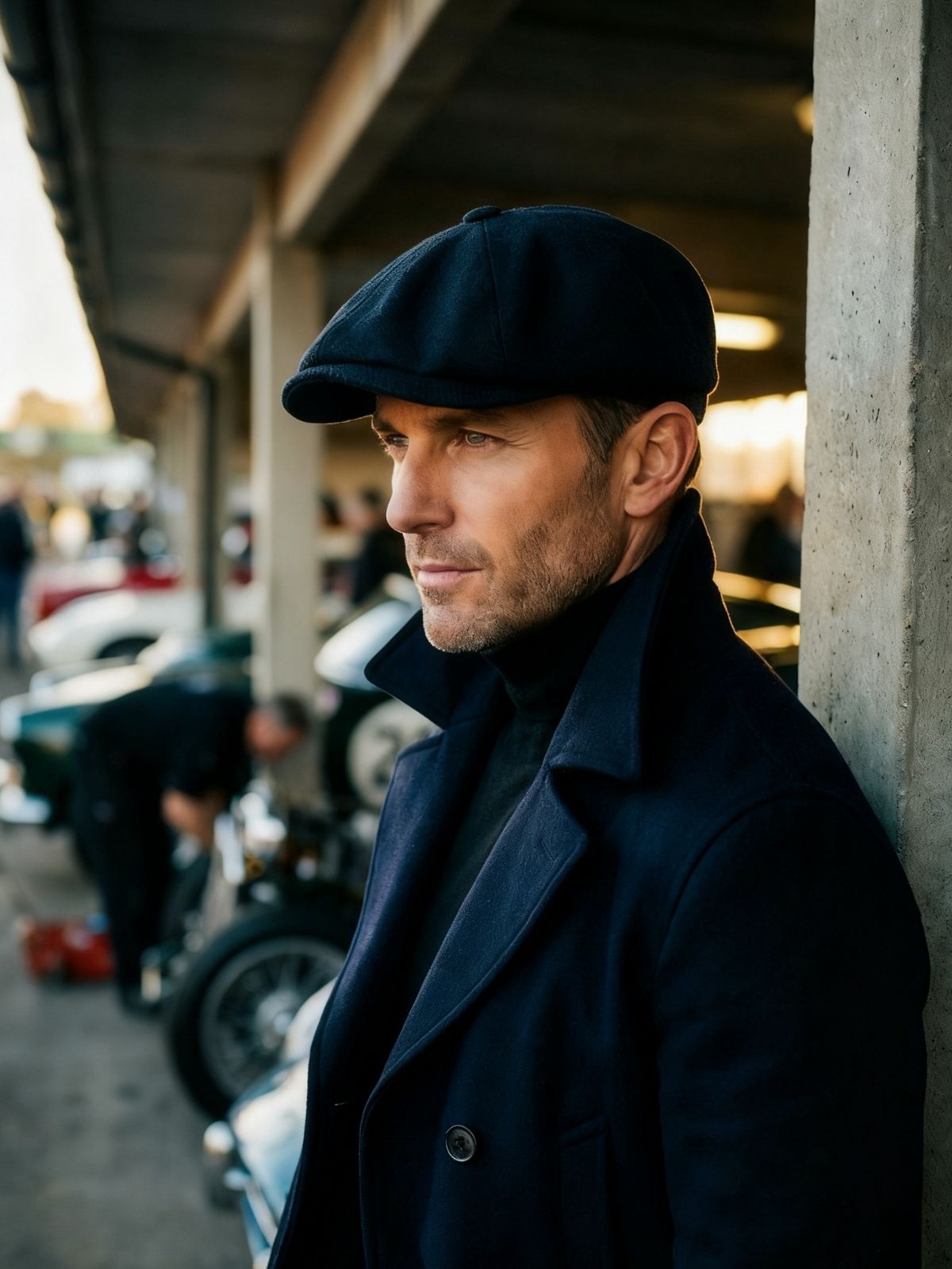 A man wearing a dark navy blue flat cap and matching dark coat, standing in a covered outdoor area with cars and concrete pillars in the background.