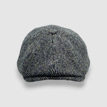 Newsboy cap in black and brown Harris tweed herringbone – Jack’s Gypsy by Mister Miller. front view