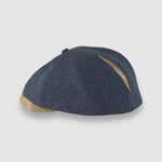 Newsboy cap in denim with camouflage peak – Jack’s Jeans slim-cut 8-panel flat cap handmade in Britain by Mister Miller. Profile view