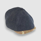 Newsboy cap in denim with camouflage peak – Jack’s Jeans slim-cut 8-panel flat cap handmade in Britain by Mister Miller. side view