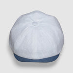 Slim-cut Newsboy cap in pale blue, red and white linen – Jack’s Sails handmade by Mister Miller. front view