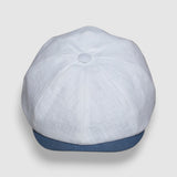 Slim-cut Newsboy cap in pale blue, red and white linen – Jack’s Sails handmade by Mister Miller. front view