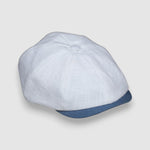 Slim-cut Newsboy cap in pale blue, red and white linen – Jack’s Sails handmade by Mister Miller. side view
