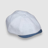Slim-cut Newsboy cap in pale blue, red and white linen – Jack’s Sails handmade by Mister Miller. side view