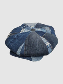 Patchwork denim oversized Bakerboy cap with illustrated 70s lining — The Jean Genie by Leigh Francis x Mister Miller