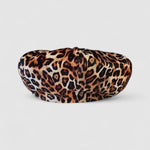 Leopard print velvet Bakerboy cap — oversized silhouette from the Leigh Francis x Mister Miller collection, featuring curved peak, bold 90s style, and signature 70s swirl lining. Rear view.