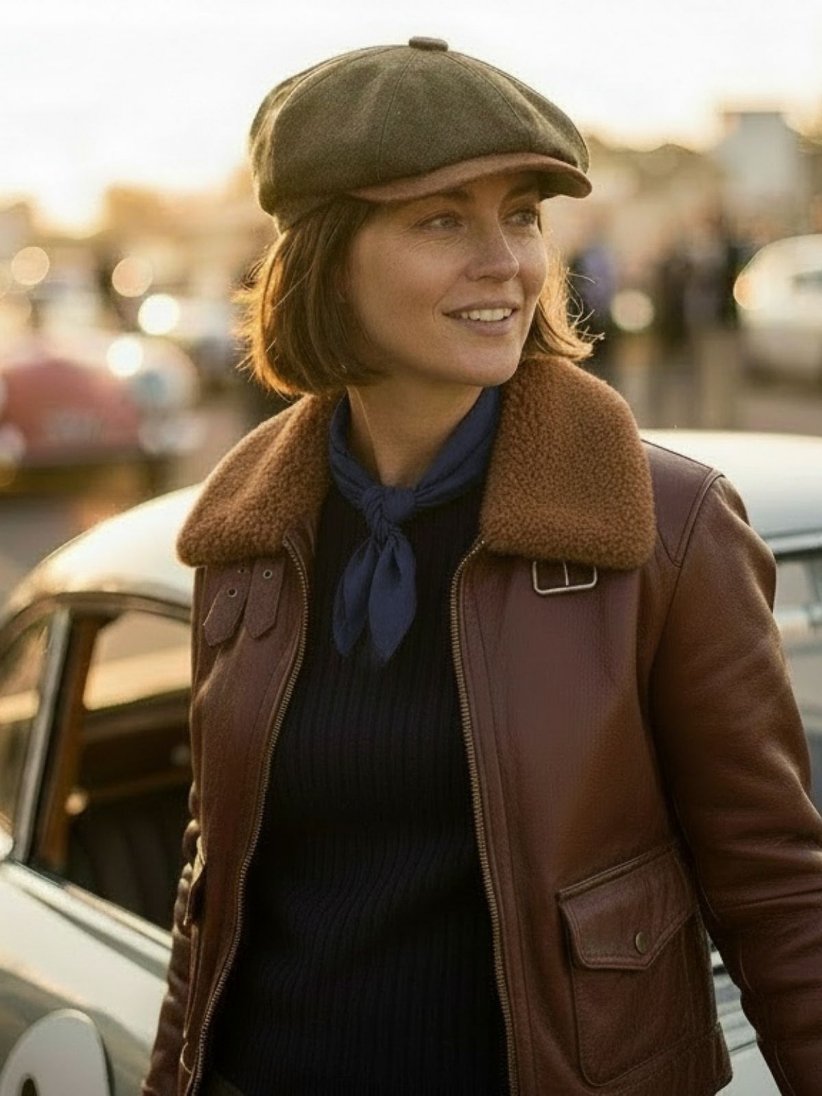 WOMAN WEARING A RACING GREEN BAKERBOY CAP AND A BROWN BOMBER JACKET BESIDE A CLASSIC CAR