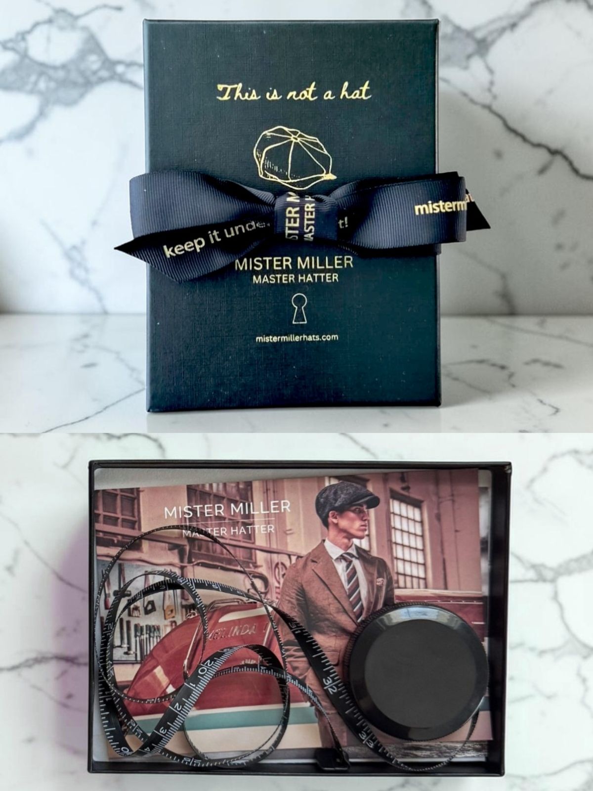 Mister Miller hat box with a bow and image of a tape measure on a card featuring a man wearing a hat