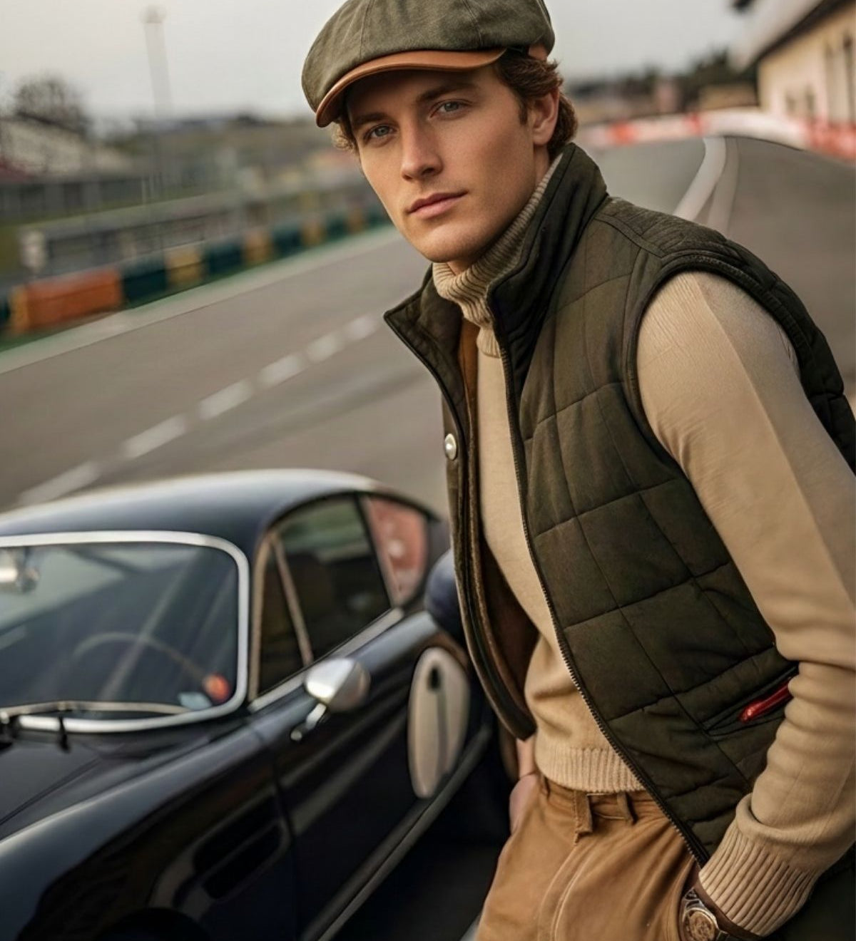 A man wearing a green flat cap, dark quilted vest, beige turtleneck, and brown trousers stands beside a vintage black car on a racetrack.