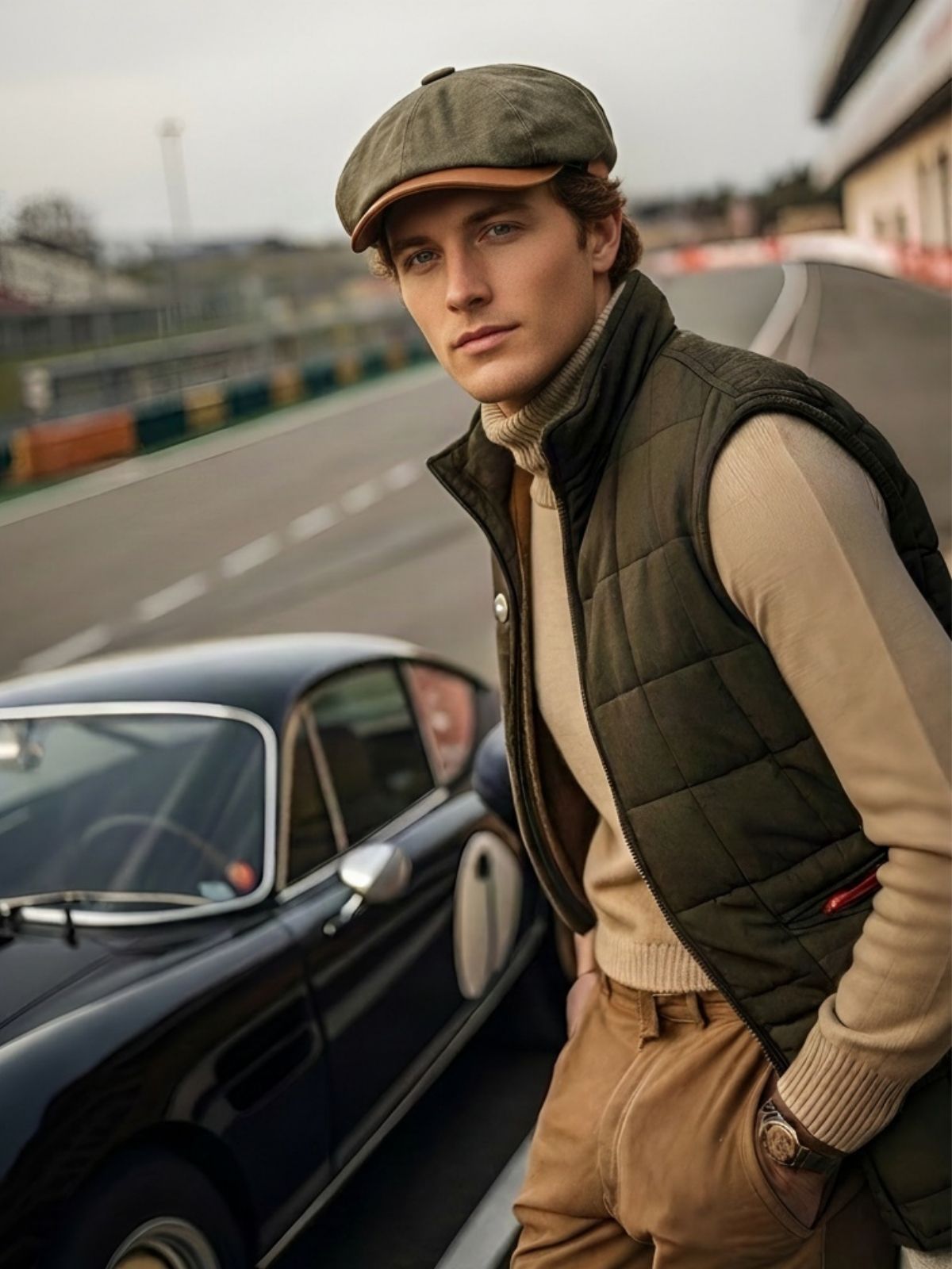 A man wearing a green flat cap, dark quilted vest, beige turtleneck, and brown trousers stands beside a vintage black car on a racetrack.