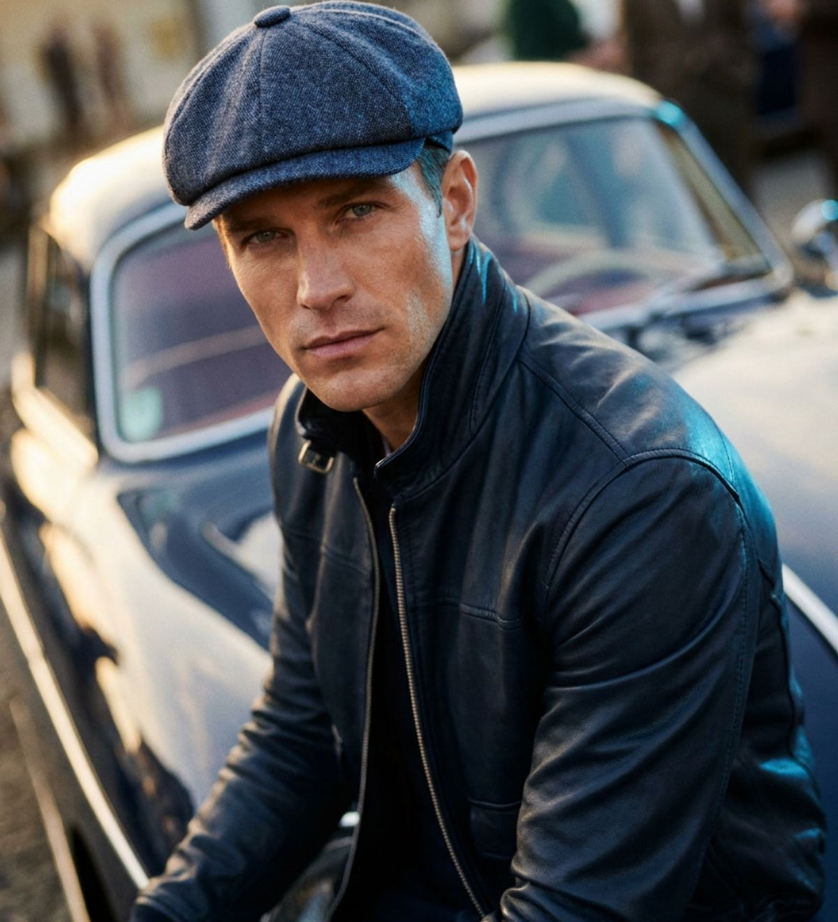 A man wearing a dark blue textured flat cap and a black leather jacket, posing in front of a vintage car.