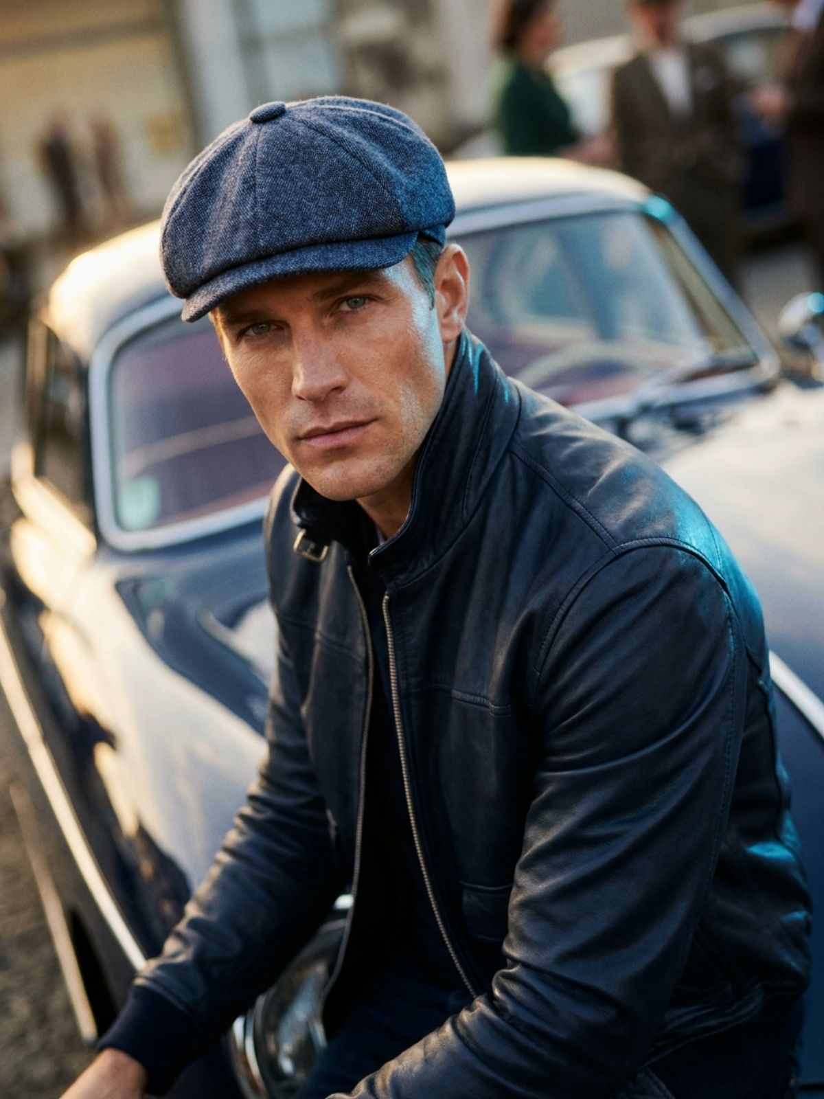 A man wearing a dark blue textured flat cap and a black leather jacket, posing in front of a vintage car.