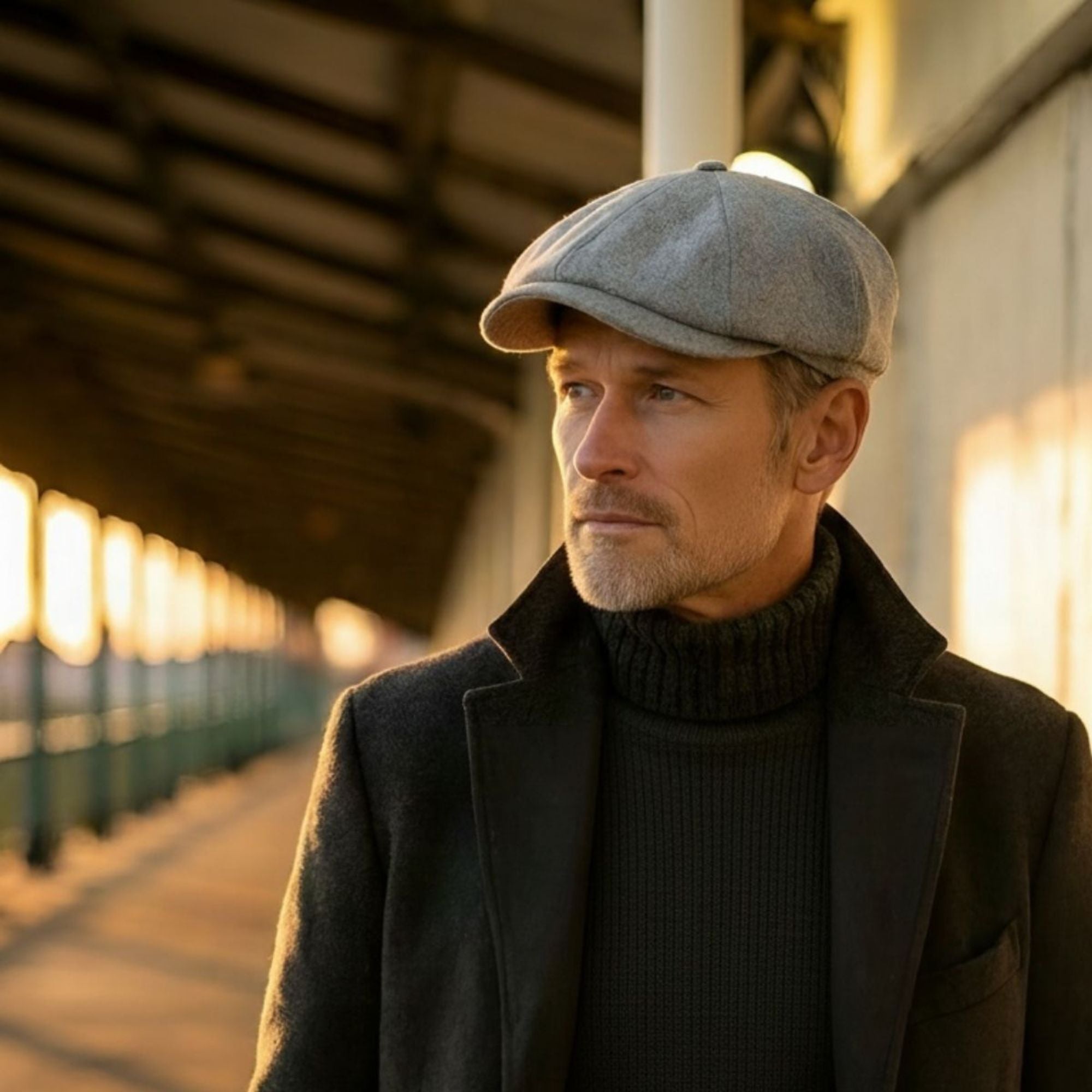 A man wearing a light gray fitted wool flat cap and a dark charcoal overcoat over a black ribbed turtleneck sweater, standing in a sunlit covered walkway.