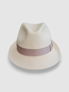 Cruz Panama hat in handwoven Ecuadorian Toquilla straw with champagne grosgrain ribbon, by Mister Miller. front