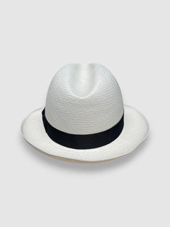 Handwoven Panama hat with black grosgrain ribbon, snapped front and turned-up back, by Mister Miller. rear view